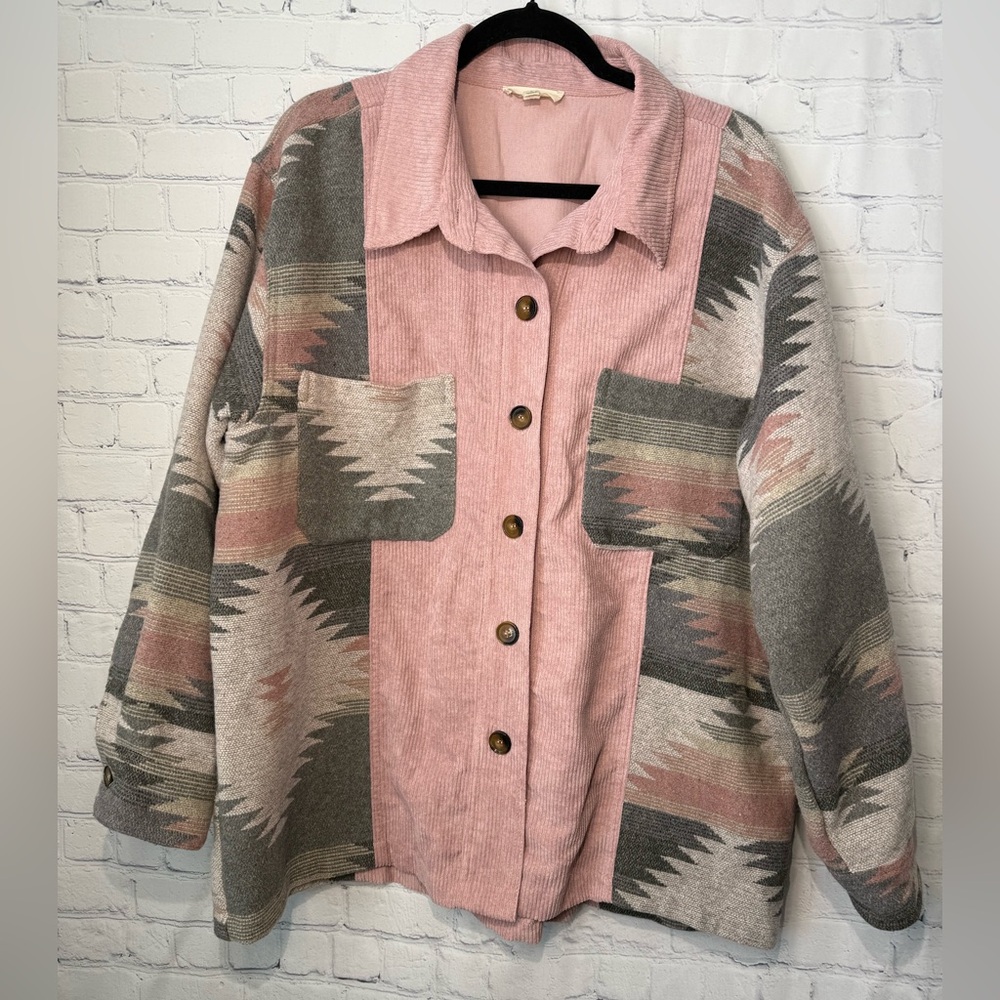 ee:some size large pink & gray Aztec print & corduroy shacket